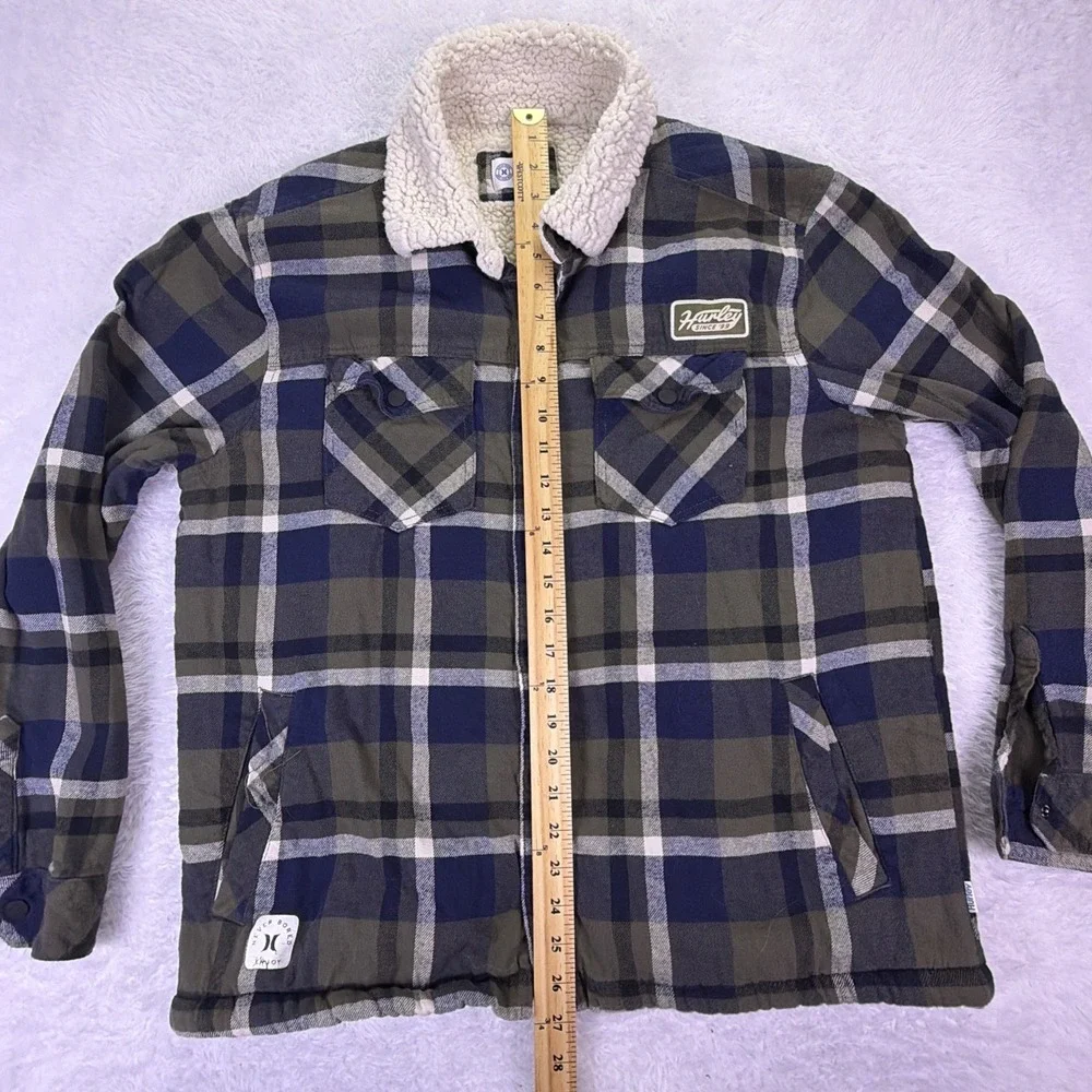 Hurley Shirt Jacket‎ Mens M/L, Green Plaid Sherpa Lined Shacket Snap Front